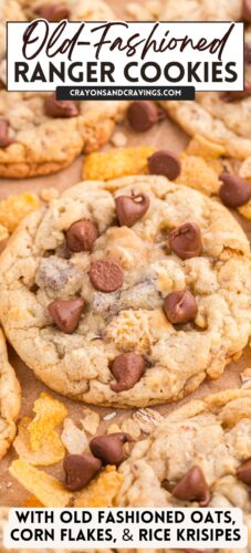 Plate of cookies with crispy cornflakes and chocolate chips, highlighted by text: 'Old-Fashioned Ranger Cookies with Corn Flakes & Rice Krispies' and the website name at the bottom.