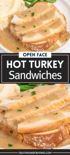 Open face hot turkey sandwiches topped with gravy on toasted bread.