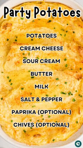 Party Potatoes pin with ingredients listed.
