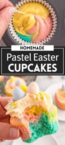 A vertical pin with two images: one showing a hand swirling pastel batter in a liner and another of a bitten cupcake with buttercream and mini eggs. A black and white text overlay reads "Homemade Pastel Easter Cupcakes."