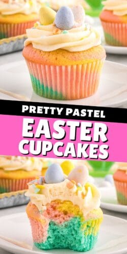 A pin collage with 2 images: a pastel Easter cupcake with vanilla frosting and mini eggs, and a bitten cupcake revealing pastel blue, pink, and yellow swirl inside. Text reads: "Pretty Pastel Easter Cupcakes."