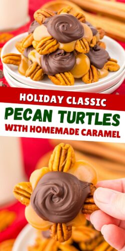 Pinterest pin featuring pecan turtles candy topped with homemade caramel and swirled chocolate. Text reads: Holiday Classic: Pecan Turtles with homemade Caramel".