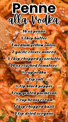 Penne Alla Vodka pin with ingredients.