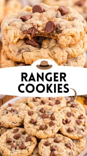 Collage of Ranger Cookies featuring stacked cookies with a gooey chocolate center and a plate of cookies topped with chocolate chips, accented by text: 'Ranger Cookies' and a ranger hat graphic.