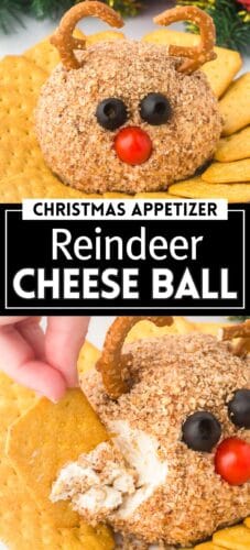 A reindeer-shaped cheese ball covered in chopped nuts, with black olive eyes, a cherry tomato nose, and pretzel antlers. One image shows the cheese ball intact; another shows a cracker dipping into it. Text reads "Christmas Appetizer &ndash; Reindeer Cheese Ball."
