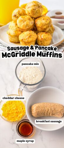 A collage featuring sausage pancake muffins stacked on a plate and labeled ingredient shots, with bold text reading "Sausage & Pancake McGriddle Muffins."