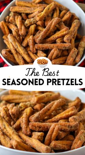 A collage pin featuring two close-up images of seasoned pretzel sticks in white bowls. The text "The Best Seasoned Pretzels" is displayed prominently in the center, along with an illustration of a bowl of pretzels.