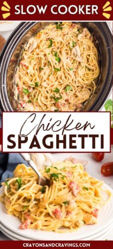 g creamy chicken spaghetti in a slow cooker and served on a white plate with parsley garnish. Text reads &ldquo;SLOW COOKER Chicken SPAGHETTI&rdquo;.