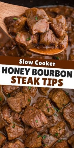 Collage pin with close-up photos of crockpot steak tips coated in brown sauce. One image shows a wooden spoon lifting pieces of steak, and the other shows the steak simmering. Text reads &ldquo;Slow Cooker Honey Bourbon Steak Tips.&rdquo;