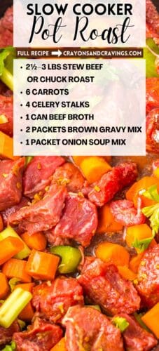 Collage pin showing raw stew beef, carrots, and celery in a slow cooker. Overlaid text reads "Slow Cooker Pot Roast" with a list of ingredients: 2&frac12;&ndash;3 lbs stew beef or chuck roast, 6 carrots, 4 celery stalks, 1 can beef broth, 2 packets brown gravy mix, 1 packet onion soup mix.