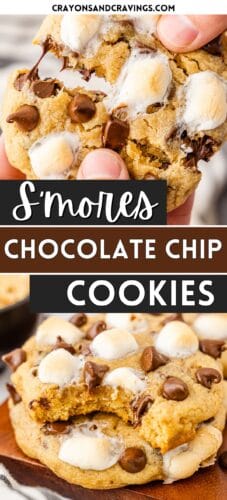 Collage pin with a close-up of a gooey s&rsquo;mores cookie being pulled apart at the top and a bitten cookie stacked on another at the bottom. Both cookies are filled with melted chocolate chips and mini marshmallows. Text reads &ldquo;S&rsquo;mores Chocolate Chip Cookies.&rdquo;