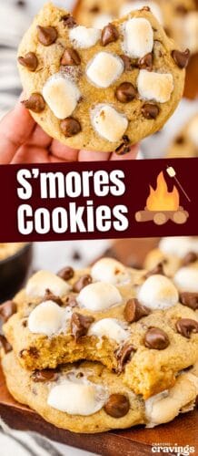Collage pin with a top image of a bitten s&rsquo;mores cookie held up to the camera and a bottom image of a stacked cookie with a bite taken out, both featuring toasted marshmallows and chocolate chips.