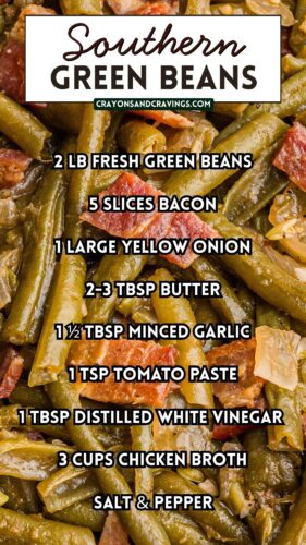 Collage pin with a close-up background of southern green beans and bacon. Overlaid text lists the recipe ingredients: 2 lb fresh green beans, 5 slices bacon, 1 large yellow onion, 2&ndash;3 tbsp butter, 1&frac12; tbsp minced garlic, 1 tsp tomato paste, 1 tbsp distilled white vinegar, 3 cups chicken broth, and salt & pepper.